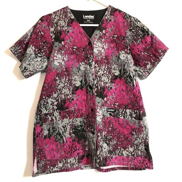 Landau Womens Scrub Top Size Small Pink Gray Black Floral Snap Pockets - Picture 2 of 10